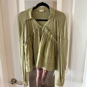 Anthropologie Pilcro Long-Sleeve V-Neck Ruffled Babydoll Top Moss Green Size M
